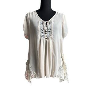 One World Women's Petite Large Cream Sheer Blouse Lace Crochet
